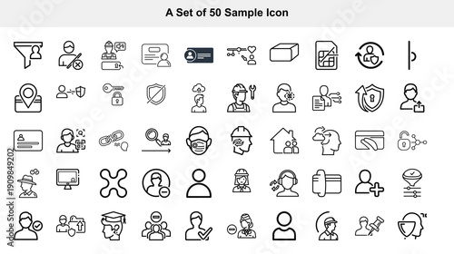 A collection of fifty simple black and white line icons depicting people objects and abstract concepts for user interface design high quality professional detailed modern elegant