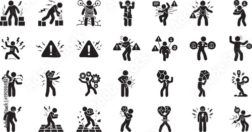 Set of Mental Health and Workplace Stress Icons Featuring Stick Figure Silhouettes Depicting Burnout Emotional Pressure Anxiety and Occupational Heavy Burdens