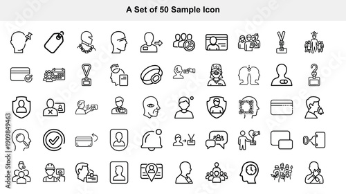 A collection of fifty simple black and white line icons depicting various people objects and abstract concepts in a grid layout high quality professional detailed modern