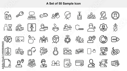 A collection of fifty distinct minimalist line icons representing various concepts like people settings and communication high quality professional detailed modern elegant stylish clean crisp vibrant