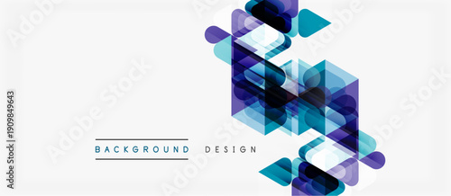 Abstract geometric shapes overlap, creating modern design. Blue, purple hues dominate white background. Minimalist style, clean lines present.