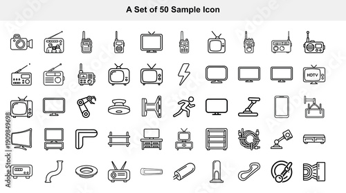 A collection of fifty simple black and white line icons depicting various electronic devices household objects and common symbols high quality professional detailed modern elegant stylish