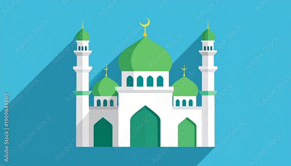 Fototapeta premium Islamic mosque with green domes and crescent moon illustration on blue sky background