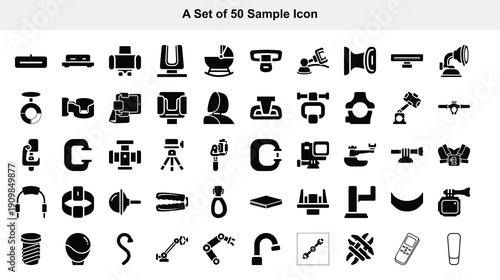 A collection of fifty simple monochrome icons depicting various objects and symbols arranged in a grid pattern high quality professional detailed modern elegant stylish clean crisp