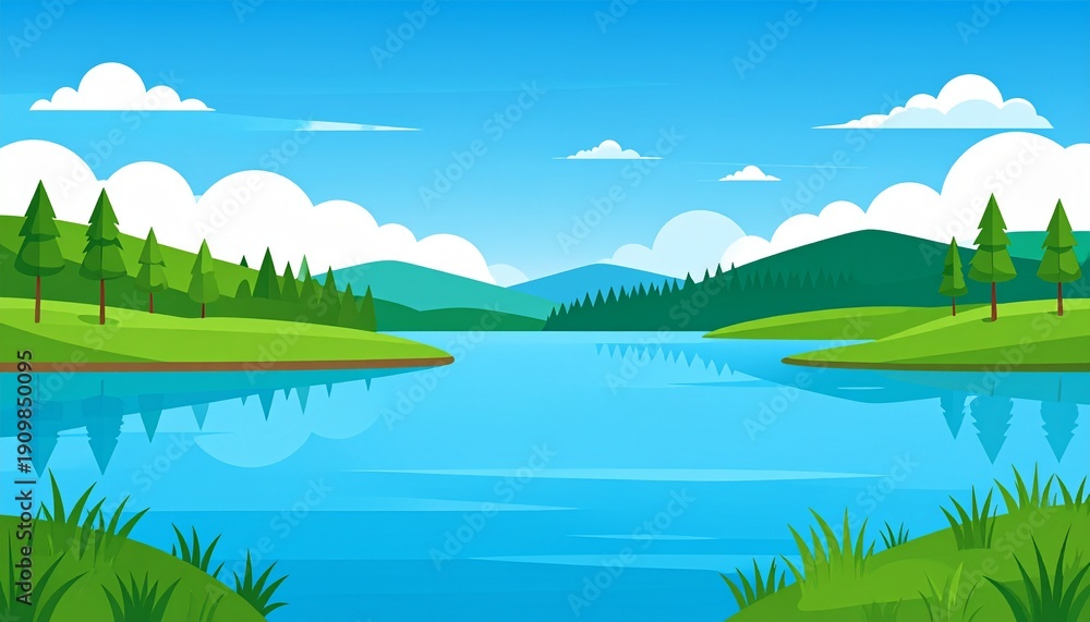 Fototapeta premium Serene mountain lake with lush green forest and clear blue sky summer landscape