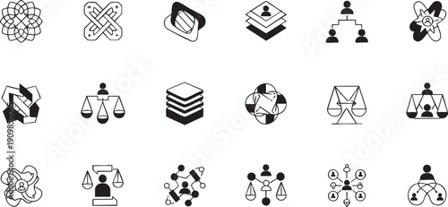 Set of Business Management and Legal Justice Icons Featuring Minimalist Line Art Hierarchy Scales of Justice Data Stacks and Corporate Connectivity Symbols