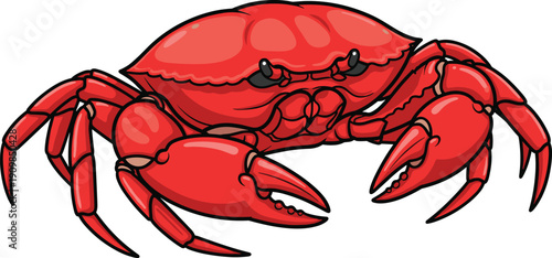 Cartoon-style red crab with large claws, segmented legs, rounded shell, and stylized eyes in defensive posture for design themes