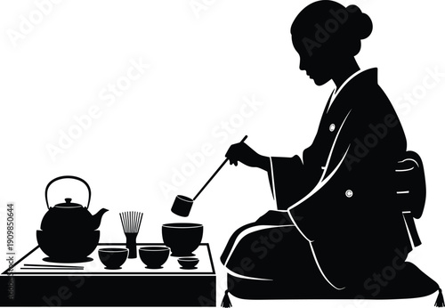 Silhouette of person in kimono performing Japanese tea ceremony with tray, teapot, bowls, and utensils for cultural design themes