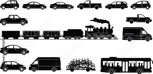 Silhouettes of diverse transportation modes including cars, trucks, vans, bus, train, and bicycles for travel and design themes