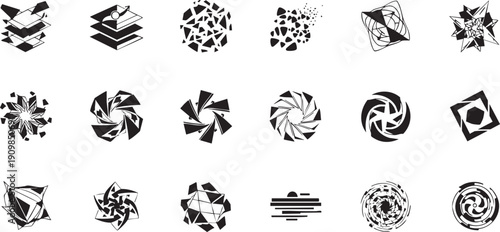 Set of Abstract Geometric Icons Featuring Shattering Spheres Isometric Layers and Conceptual Destructive Data Visualization Graphic Elements