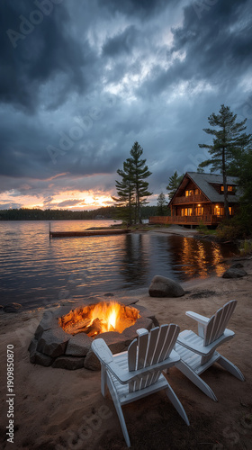 AI generator images of   lakeside scenery offers a relaxing and warm feeling, especially at sunset. Log cabins are nestled on the tranquil lakeside, with a wooden dock extending into the water.