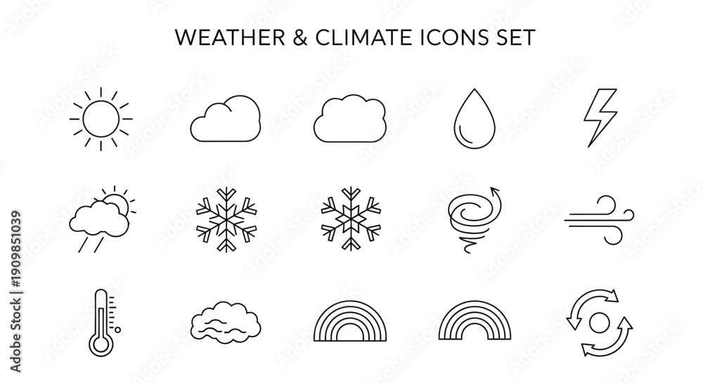 Fototapeta premium Collection of delicate line art icons representing various atmospheric phenomena and natural weather conditions on transparent background
