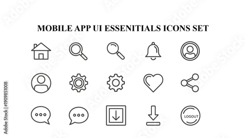 Essential minimalist line icon set featuring navigation controls, user profiles, settings, and communication symbols on transparent background