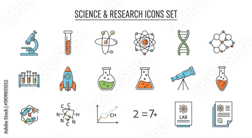 Collection of colorful science and research icons representing laboratory equipment, biology, physics, and exploration on transparent background