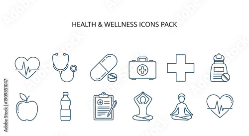 A comprehensive set of thin line icons representing medical diagnostics treatment wellness fitness and healthy lifestyle choices on transparent background