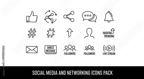 A comprehensive collection of modern social media and digital networking symbols designed for various applications on transparent background