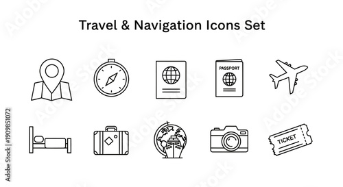 Minimalist outline icons representing essential travel, navigation, and vacation concepts are neatly arranged together on transparent background. on transparent background