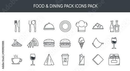Collection of minimalistic outline icons representing various dining elements, culinary tools, and popular food items on transparent background