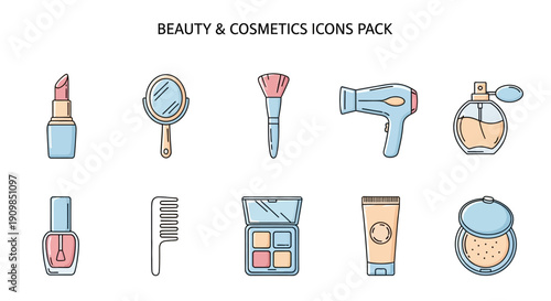 A collection of ten essential beauty and cosmetic grooming icons including lipstick brush mirror hair dryer and perfume on transparent background