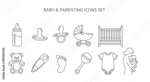 Collection of essential line art icons representing various baby care items and parenting necessities on transparent background