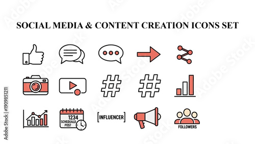 Creative digital marketing workflow icons illustrating content creation scheduling analytics promotion and audience growth on transparent background