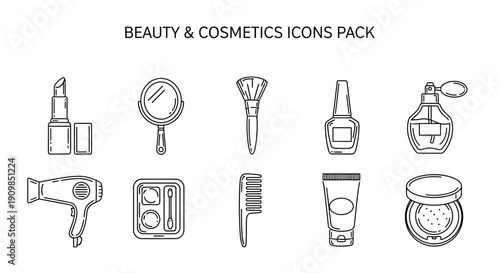 Simple line art icons representing various beauty and cosmetic tools like lotion, comb, and mirror on transparent background