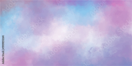 Dreamy pastel purple and blue watercolor wash background, ethereal abstract sky texture with soft white clouds design