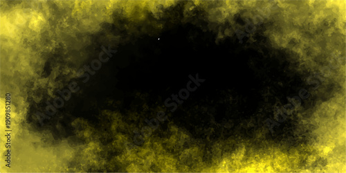 Abstract black and yellow smoke background with dark central vignette and misty texture