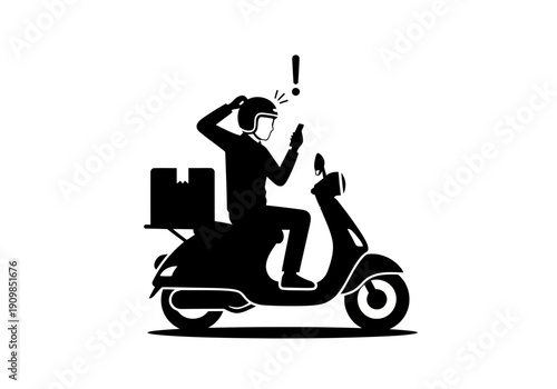 A simple silhouette of a delivery man on scooter looking at smartphone with surprised expression large exclamation mark silhouette icon