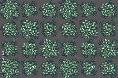 Pixelated floral designs feature groups of light and dark green flowers, ideal for continuous surfaces, gift wrapping paper, and wall decoration.
