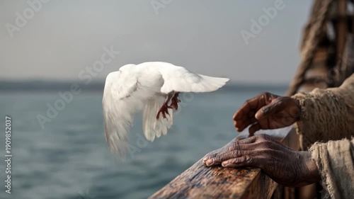 Hand releasing a white dove in flight from the wooden Noah's Ark. A biblical symbol of hope, peace, and freedom over the vast flood waters under a cloudy sky.