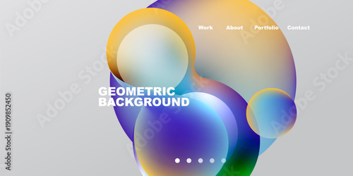 Abstract colorful shapes overlap. Gradient hues blend, creating modern design. Text displays geometric background, navigation visible.