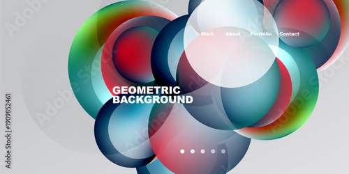 Abstract design features overlapping colorful circles. Gradient shades create dynamic visual effect. Text labels options work, about, portfolio, contact.