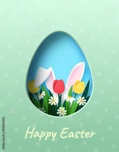 Easter card, website banner, poster, flyer, or cover. Trendy modern paper cut design featuring an Easter egg, spring flowers, and a bunny. Vector