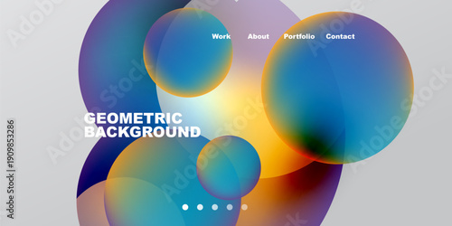 Abstract colorful shapes overlap, creating dynamic background. Text labels present work, about, portfolio, contact options. Dots indicate navigation.