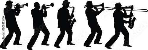 Silhouettes of five jazz musicians playing trumpets, saxophones, and trombone in dynamic poses with hats for performance themes