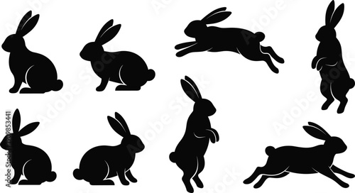Silhouettes of eight rabbits in varied poses including sitting, crouching, standing upright, and leaping for wildlife and design themes