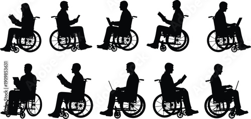 Silhouettes of ten individuals in wheelchairs reading books and using electronic devices for accessibility and educational design themes