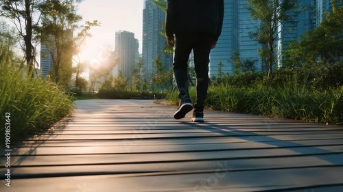 Morning sunlight illuminates a peaceful city park as a solitary figure strolls along a wooden boardwalk. The scene captures harmony between urban life and natural beauty