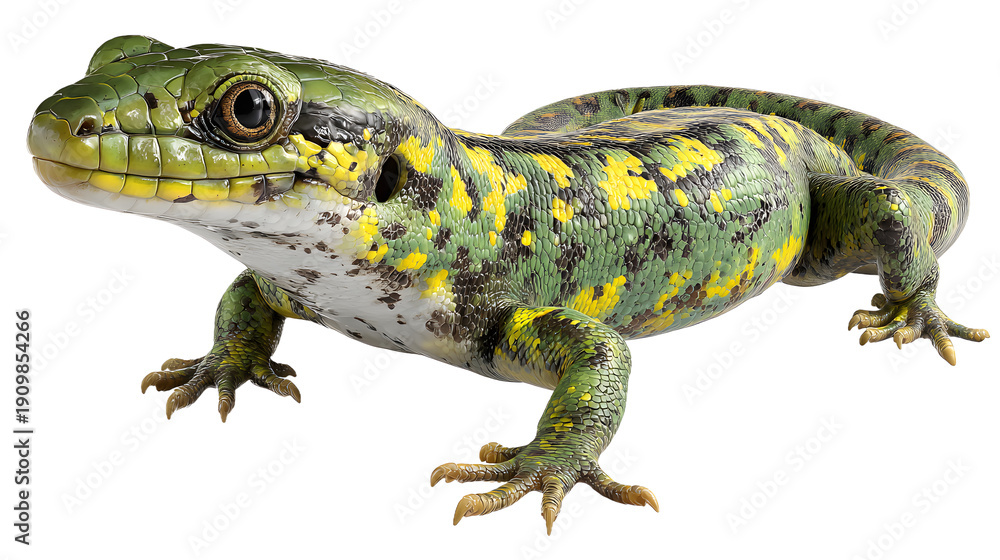 Obraz premium A green and yellow lizard with distinctive markings on its body standing isolated on transparent background
