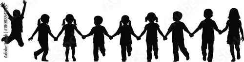 Silhouettes of nine children holding hands in line with one child jumping joyfully for childhood and community design themes