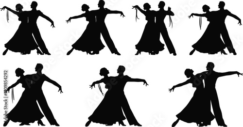 Silhouettes of six ballroom dancing couples in elegant poses with flowing dresses and suits for performance and design themes