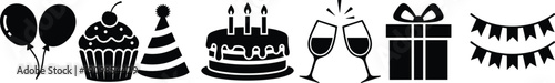 Assortment of black silhouette icons for birthday and celebration events Keywords: birthday, party, celebration, cake, cupcake