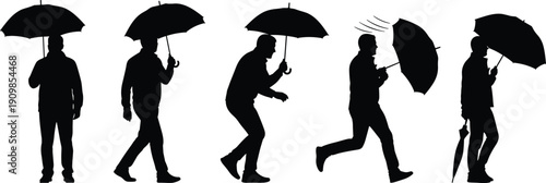 Silhouettes of person holding umbrella in varied postures including walking, crouching, running, and standing for lifestyle themes
