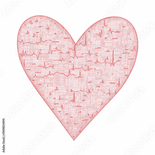 Heart-shaped Diagram Illustrating Electrocardiogram Patterns on Red Grid Background, Symbolizing Cardiovascular Health and Emotional Significance