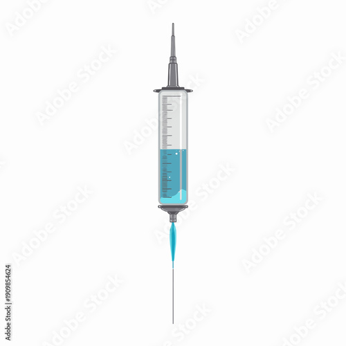 Illustration of a Medical Syringe Filled with Blue Liquid and Needle Upright Against a Plain White Background