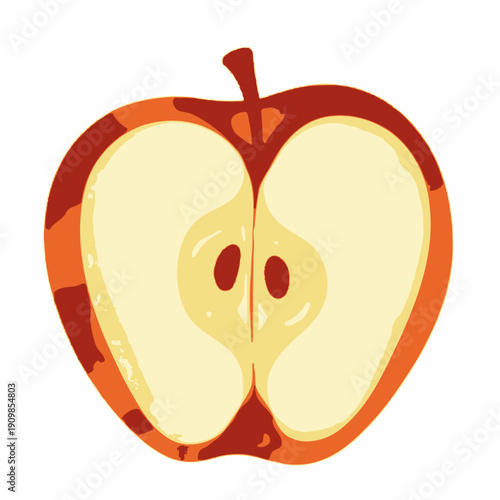 Illustration of a Symmetrically Sliced Apple with Visible Seeds and Bright Red Skin on a White Background