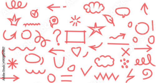 Hand drawn brush strokes abstract shapes arrow, asterisk, line element set. Grunge markers stroke arrows, organic curves. Geometric line circle, wave, star shapes