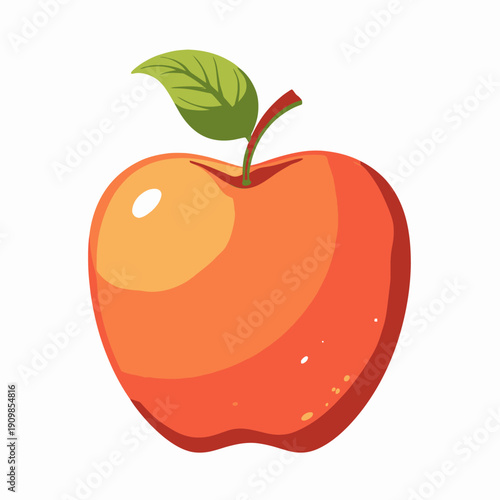 Vibrant illustration of a juicy red apple with a glossy sheen and a green leaf, emphasizing freshness and healthy appeal with a natural shine
