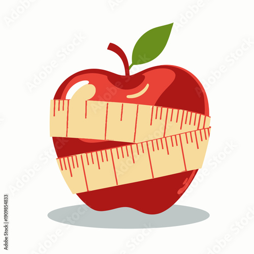 Red Apple Wrapped in Measuring Tape Symbolizing Health and Wellness Through Nutrition and Weight Management